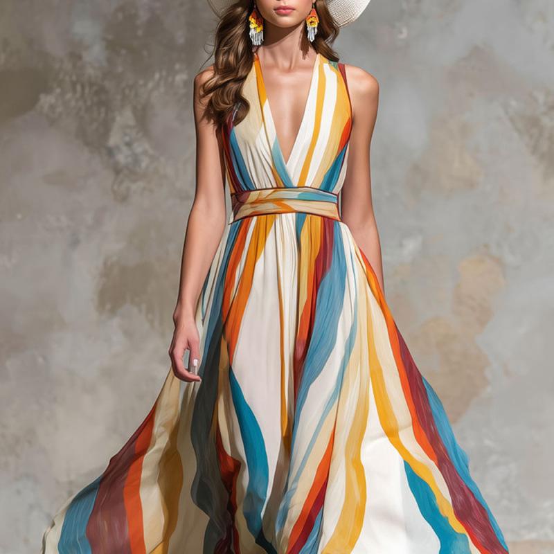 2026 Spring/Summer Wavy Stripe Sleeveless Deep V-neck Off-shoulder Long Dress