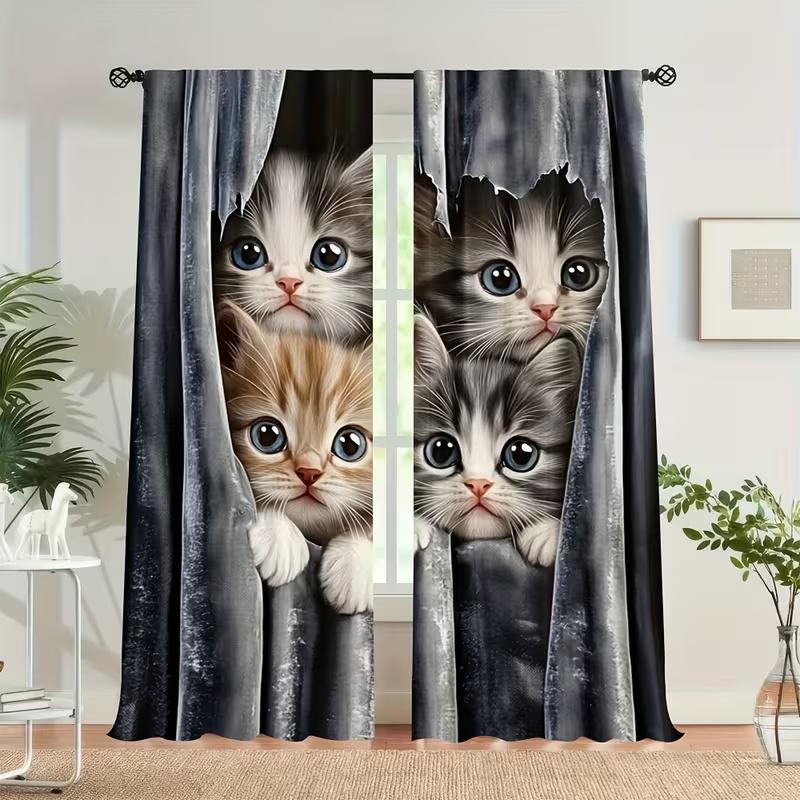 2 Pcs Many Cute Cats Print Curtains  Suitable for Bedroom  Living Room Kitchen Decoration  Home Decoration   Window Curtain