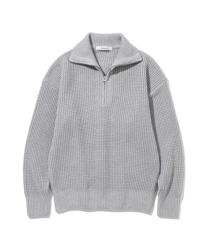KNITTED Soft Cotton Heavy Waffle Half Zip Knit Melange Grey