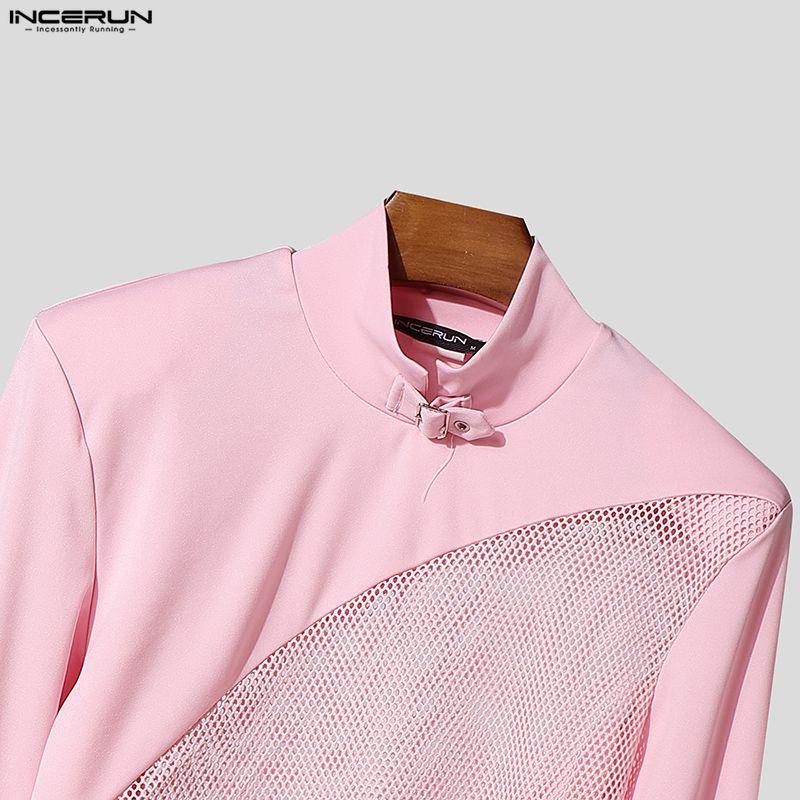 INCERUN Men Mockneck Long Sleeve Webbing Patchwork Fitted Casual Undershirts T-shirts