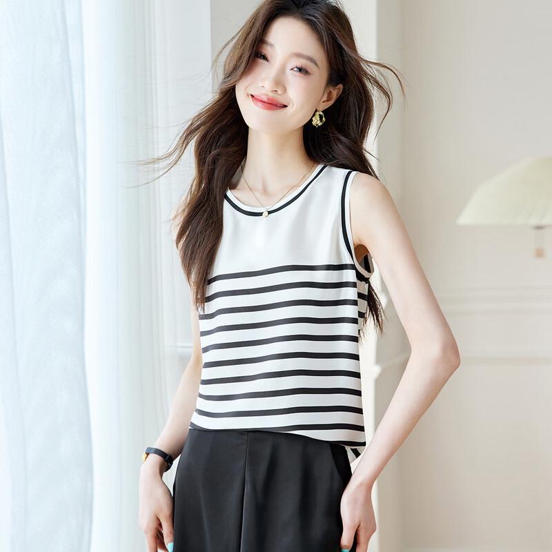 Srcr Women s 90% Mulberry Silk Black & White Striped Sleeveless Top XL