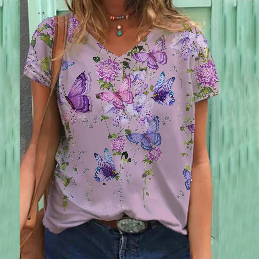 Plus Size T Shirt Floral Printed Tees Vintage 3d Printing T-shirts Women Men Short Sleeve V Neck Tops