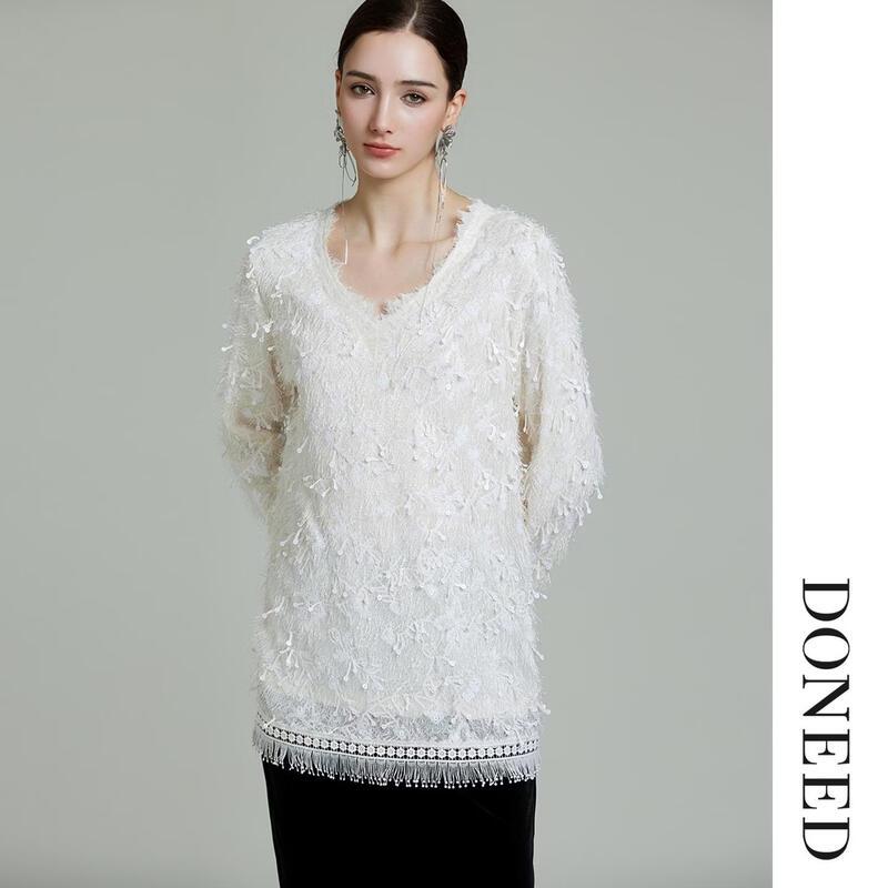 DONEED Elegant V-Neck Sequin Tassel Long-Sleeve Knit Sweater