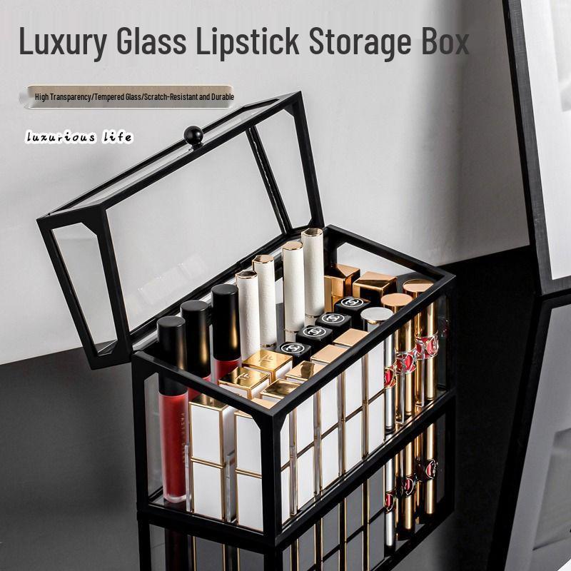 High-End Dustproof Glass Lipstick Storage Rack with Lid, Multi-Layer Design, Large Capacity for Lipstick and Lip Gloss