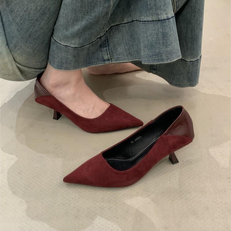 French temperament high heels sense 2025 spring and autumn new versatile thin heel shallow mouth pointed red single shoes women