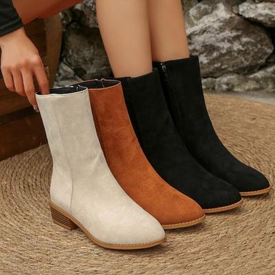 Women's Wide Width Pointed Toe Suede Boots - Mid-Calf Side Zipper Chunky Heel Fashion Boots, Retro Martin Boots