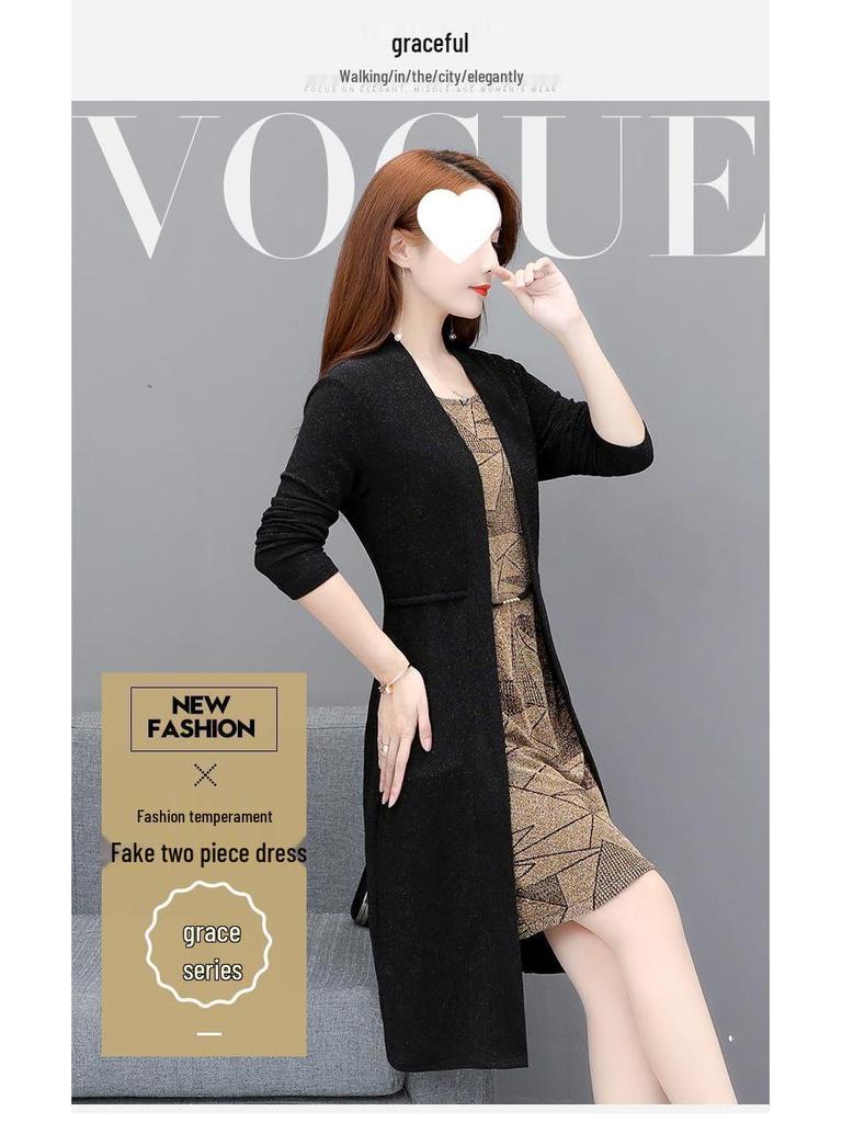 Elegantes Schlankmachendes Zweiteiliger Look Kleid für Damen - Langärmliges Frühling/Herbst Bauchbedeckendes Mode für Mittleren Alters und Ältere, 2025