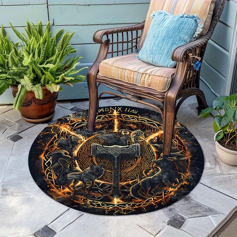 Viking Inspired Round Rug, Polyester Non-Slip Machine Washable Mat for Indoor Outdoor Living Room Bedroom Office Decor