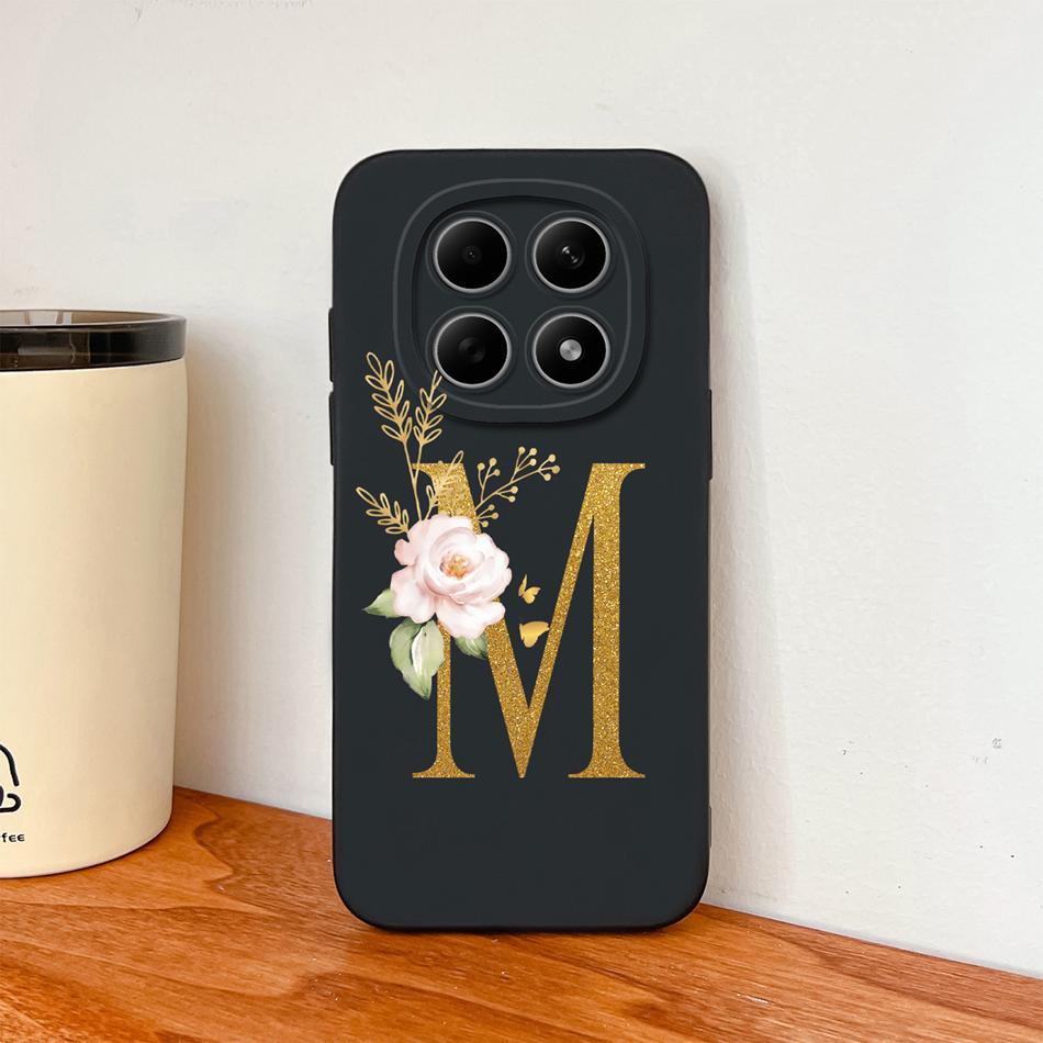 Floral Gold Letters Cover For Poco M8 Pro Phone Case Soft Smooth Liquid Silicone Anti Drop Protective High Quality Couple Bumper