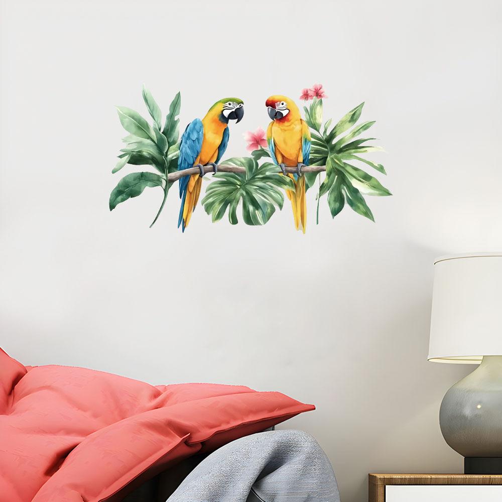 Self-adhesive Watercolor Parrot Branches Leaves Wall Stickers for Living Room Bedroom Entryway Home Decor