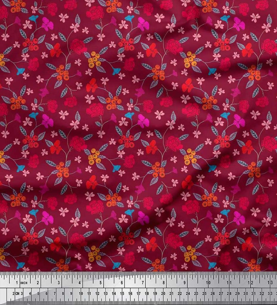 Soimoi Japan Crepe Satin Fabric Berries,Leaves & Floral Artistic Print Fabric by the Metre 42 Inch