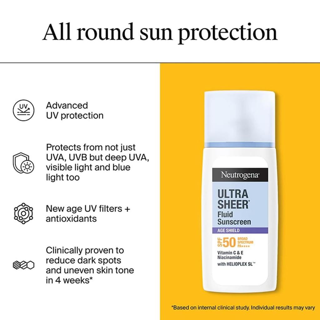 Neutrogena Ultrasheer Age Shield Fluid Sunscreen SPF 50+ PA++++ | Reduces dark spots & Skin tone | UVA, UVB, Visible Light & Blue Light | 40gm