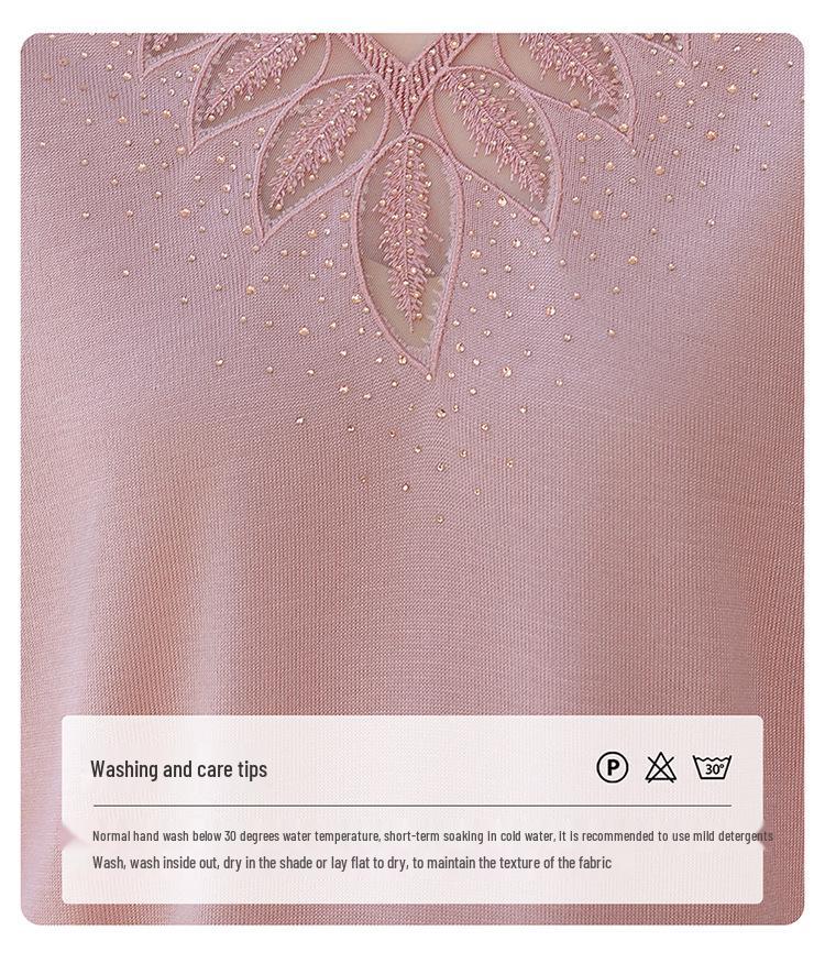 Mom's Spring V-neck Knit Top with Gauze Sleeves, Stylish Thin Layer for Middle-aged and Elderly Women.