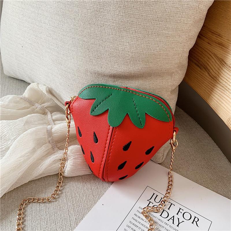 Strawberry Chain Shoulder Bag Childrens Fruit Bag Zipper Design Material Pu