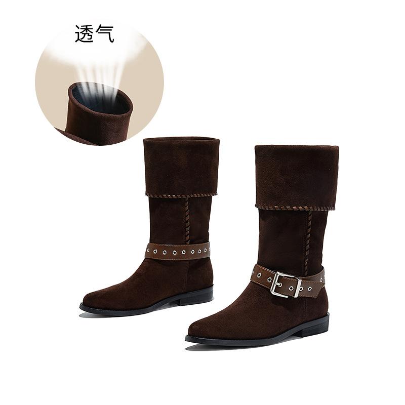 Retro stacking boots autumn and winter new thick heel buckle western cowboy knight boots casual boots