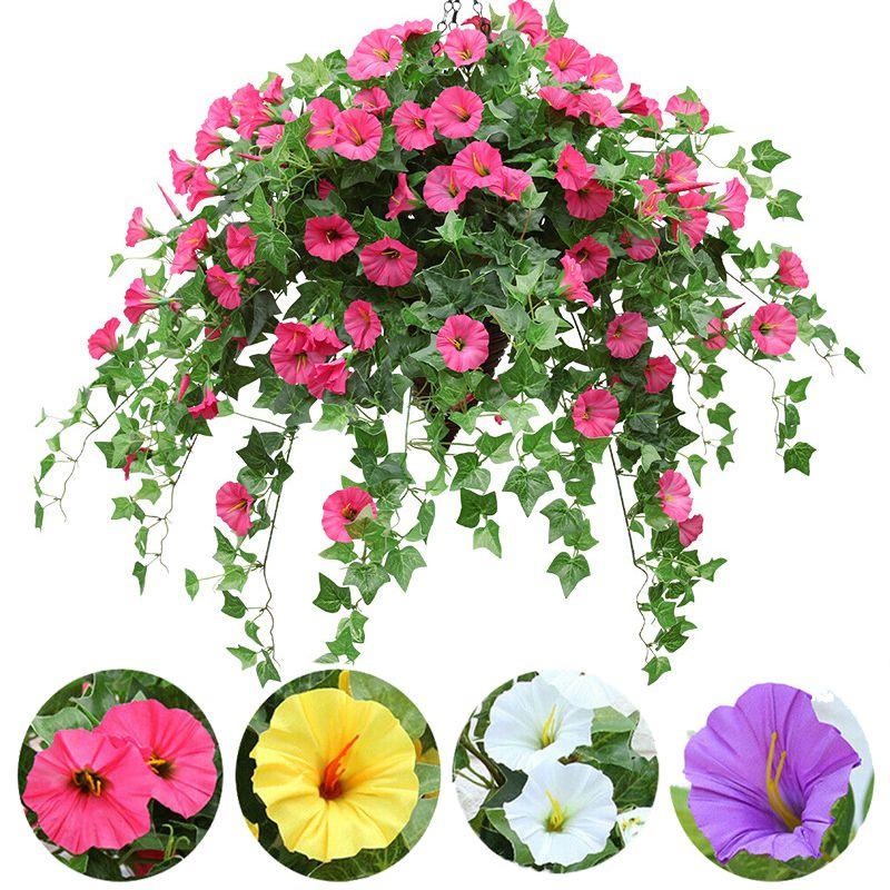 Hanging Artificial Basket Silk Morning Glory Flower Vine Home Wall Decor