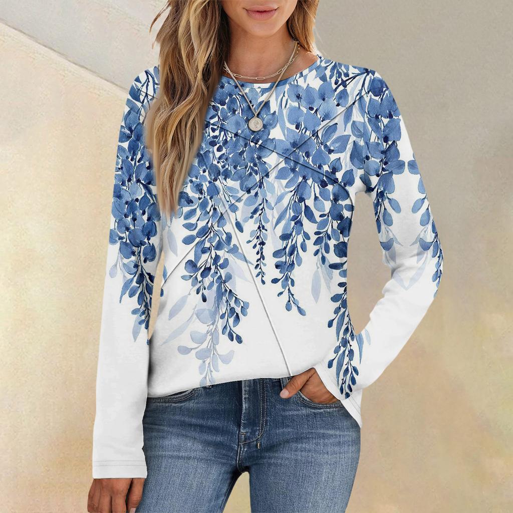 Damenmode Langarm Rundhals Lässiges Plissee Floral bedrucktes Lockeres Oberteil