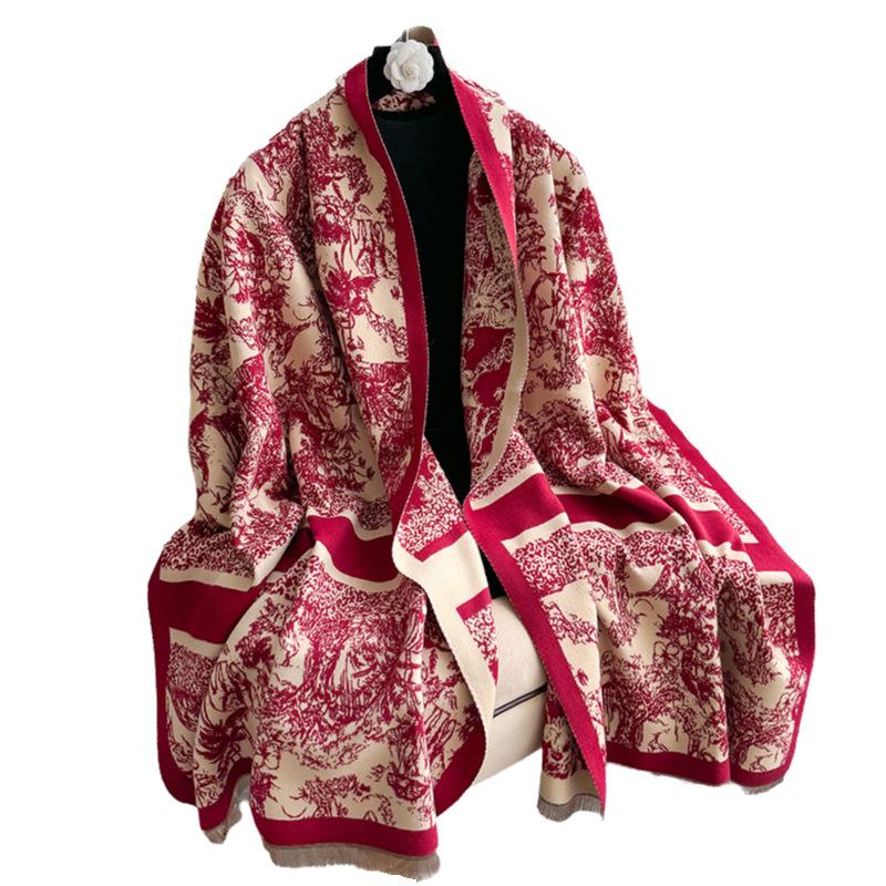 Tropical Jungle Wind Contrasting Colors Double-Sided Imitation Cashmere Scarf Winter High-End Warm Shawl