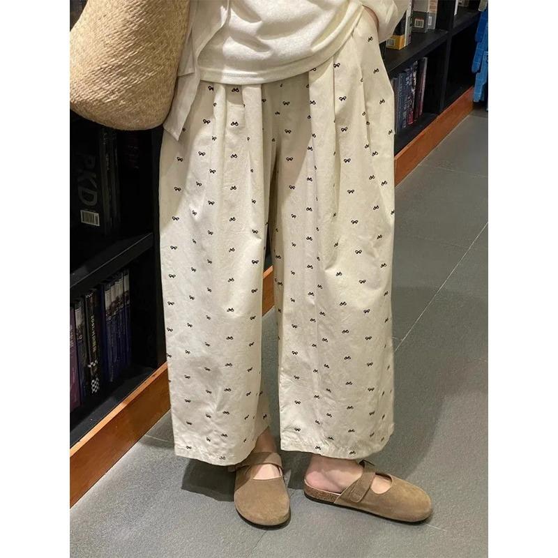

Women s Bow Print Wide Leg Pants Casual High Waist Loose Trousers with Pockets L бежевий