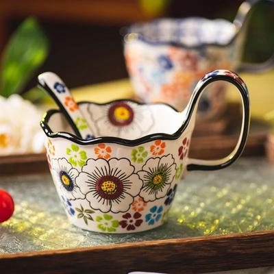 400ML Ceramic Mug Hand-painted Flower Handle Coffee Cup with Small Spoon Office Home Breakfast Milk Cup Holiday Gift for Couples
