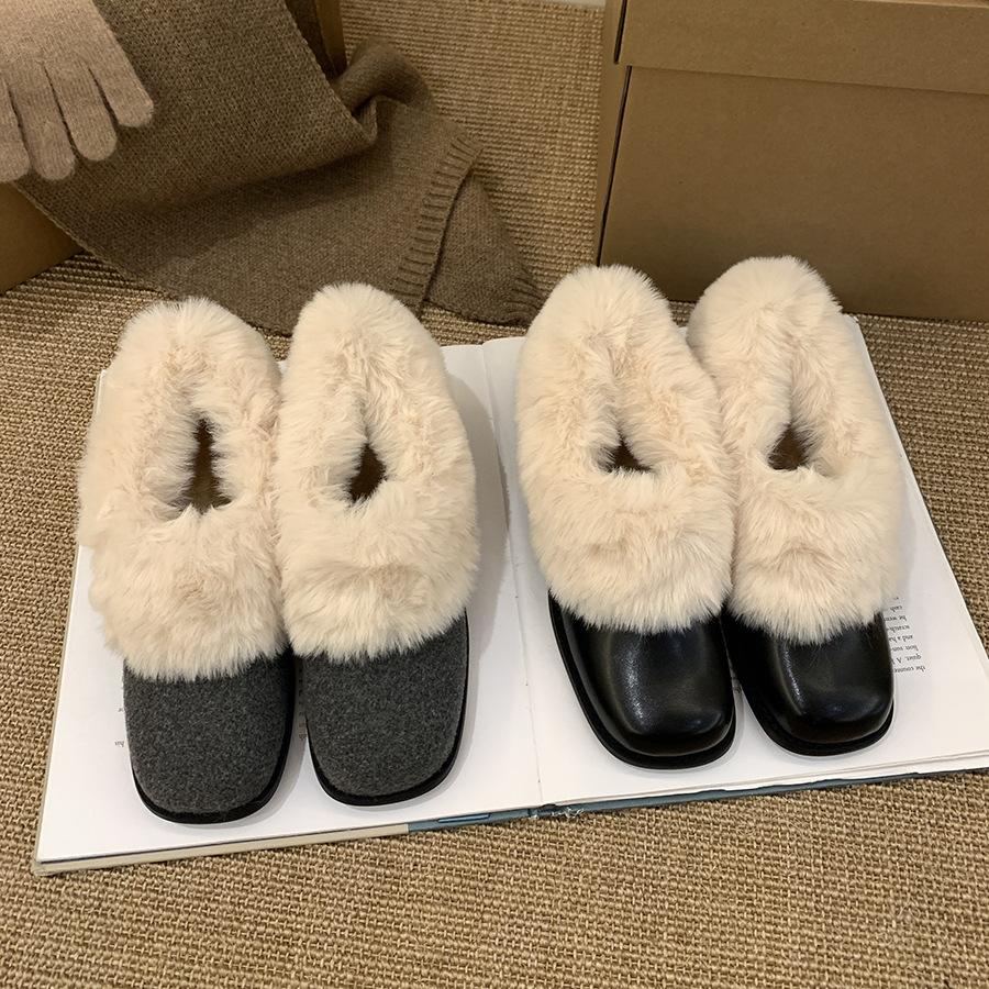 Thick heel square head gentle fluffy shoes women's winter new French gray with skirt fairy temperament velvet warm cotton shoes
