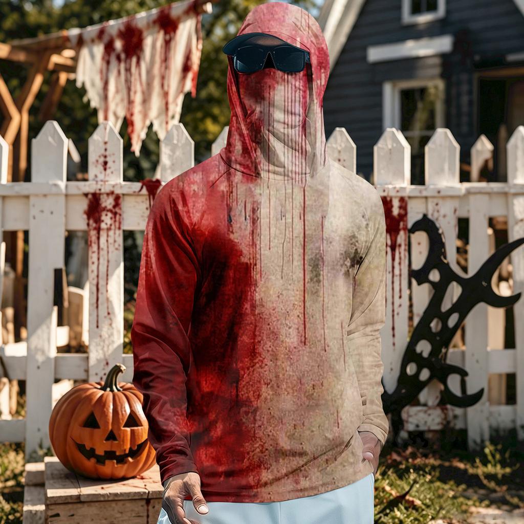Men's Long Sleeve Hooded T-Shirt Quick Dry Sun Halloween for Fishing Fitness Sports