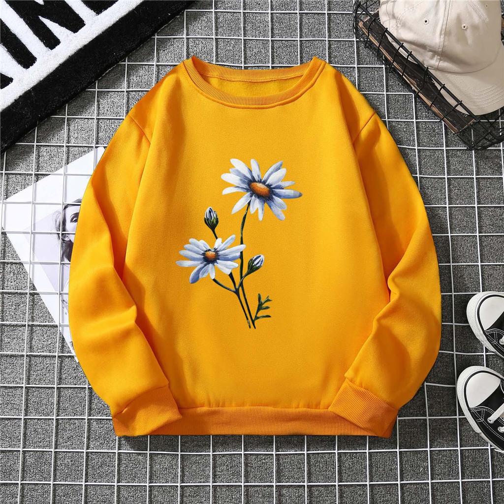 Women's Autumn Flower Print Round Neck Hoodie Ladies Oversized Casual Long Sleeved Pullover Tops