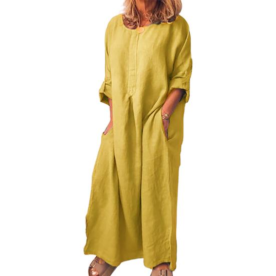 Dames Vintage Effen Kleur Lange Mouw O Hals Zakken Maxi Jurk Tuniek Kaftan