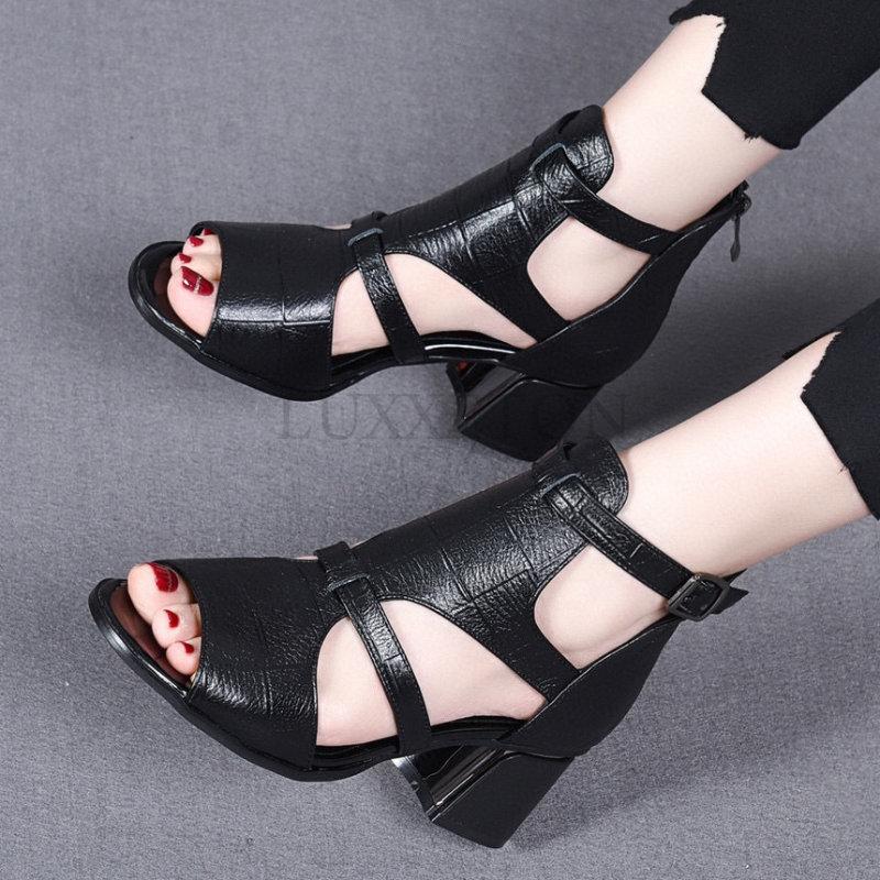 Sandale cu toc înalt de modă pentru femei, pantofi cu gură de pește de vară, cu toc gros, sandale cu fermoar în spate, solide, casual, pentru femei