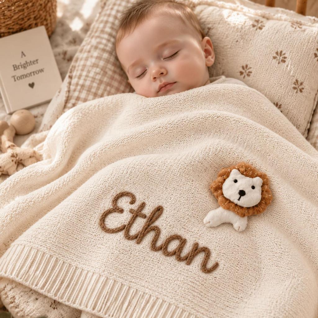 Personalized Baby Knit Blanket With Name, Custom Embroidered Cotton Baby Blanket, Newborn Baby Shower Gift, Nursery Keepsake Blanket