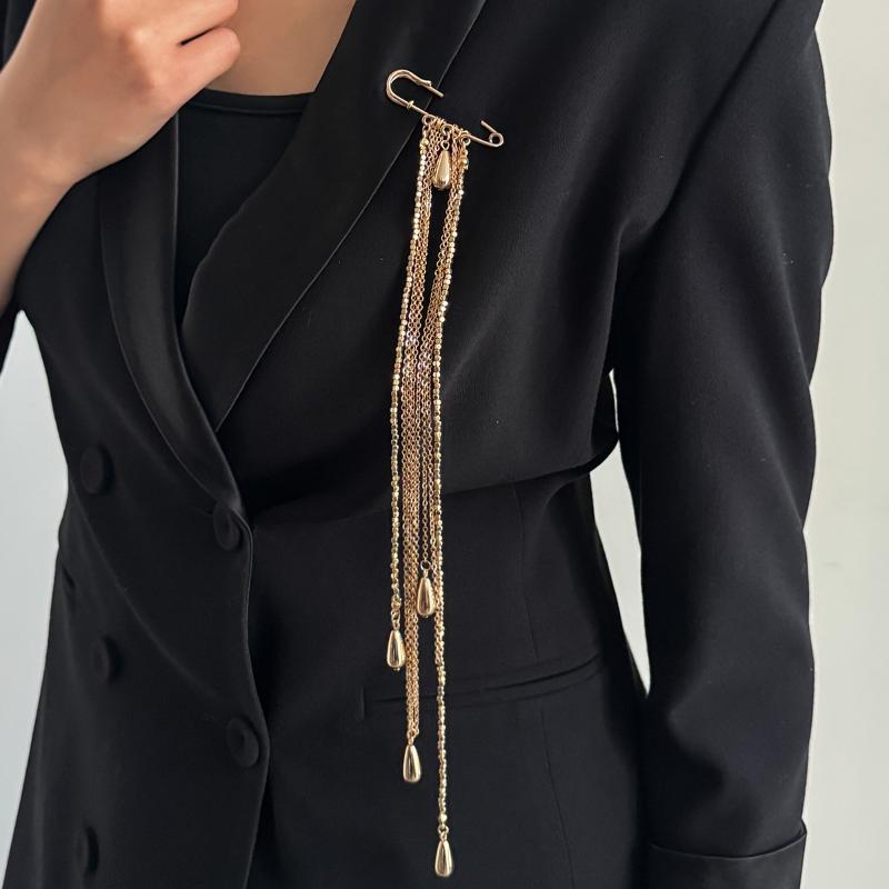 Exaggerated Water Droplet Fringe Tassel Chain Brooch Metal Chain Clothing Tie Pin Bead Fixed Ornament Banquet Party Jewelry Gift