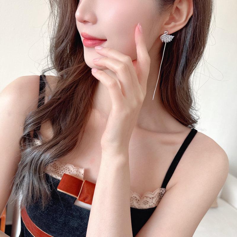 Quality Two Tassel Swan Earrings, New Trendy Black Swan Earrings, 925 Silver Needle Long Earrings