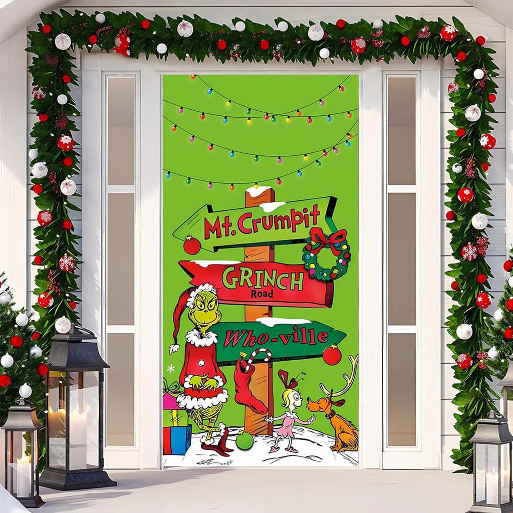 Capa de Porta de Natal Pano Decorativo Pendurado Capa de Porta Verde Cortina de Porta de Natal Tapeçaria de Ano Novo Fundo de Capa de Porta