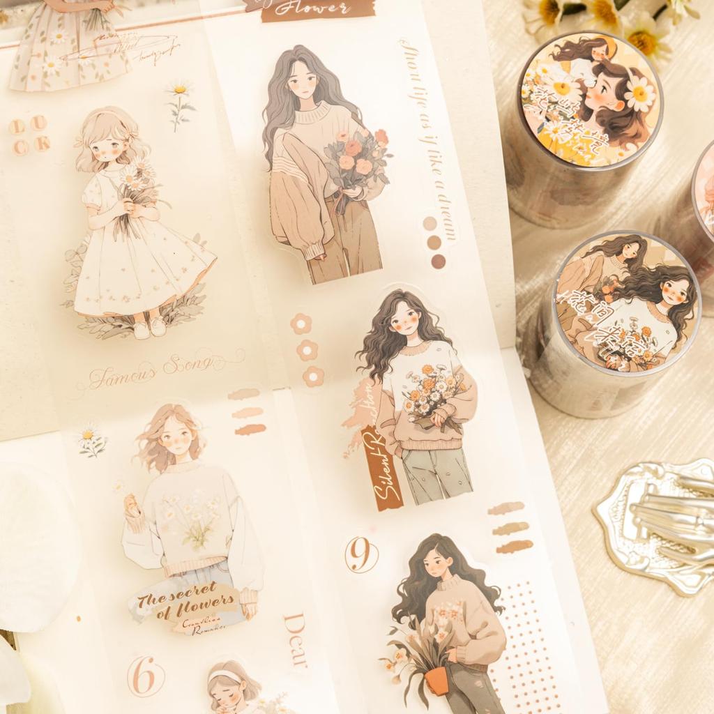 Alideco Masking Cute Retro French Rustic Girl 55mm Wide x 2m PET Adhesive Wide Stylish Masking Sticker 6-Pack Tape, Design, Clear, Water-Resistant