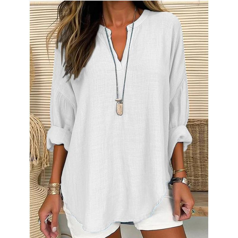 2026 New Women's Casual Simple Long-Sleeve V-Neck Solid Color Loose Top