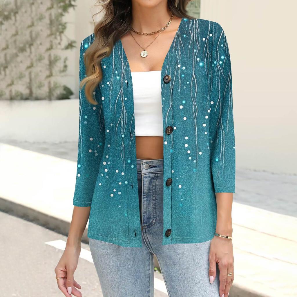 Women's Fashion Casual  Print Button-Down Shirt Three-quarter Sleeve Cardigan Top