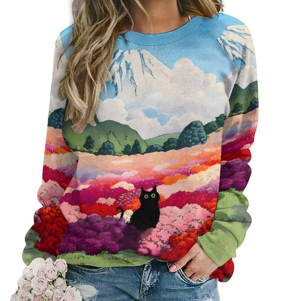 Cute Cat Floral Sweatshirts Flower 3D Print Women New O-Neck Hoodies Casual Streetwear Y2k Pullovers Harajuku Top Woman Clothing