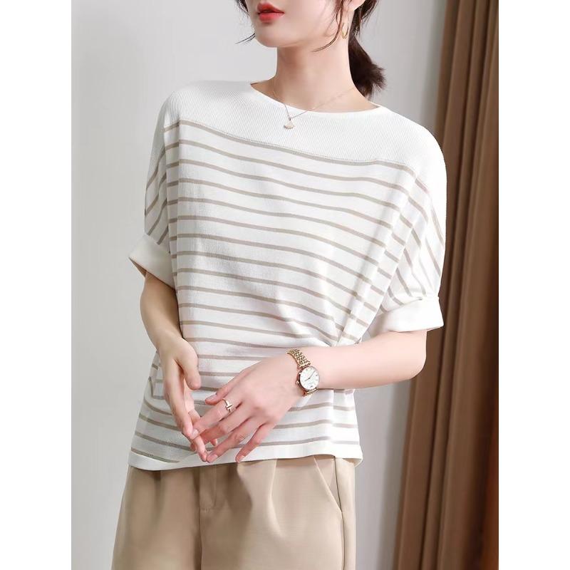 

Летняя трикотажная женская футболка с короткими рукавами, свободный тонкий полосатый пуловер, женская футболка, элегантный повседневный свободный топ, простая футболка, женская одежда 3218 XL абрикосовый