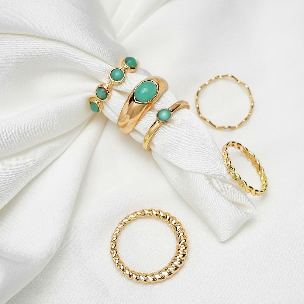 2024 6 Ringe / Set Hellgrüner Edelstein Geschenkring Set Offen Mode Geschenk Party Damenring