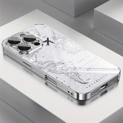 Funda Creativa Gris con Estampado de Mapa y Avión para Vuelo, Recubrimiento Galvánico, Cubierta de Vidrio para Samsung Galaxy S25 S24 S23 Ultra Plus FE