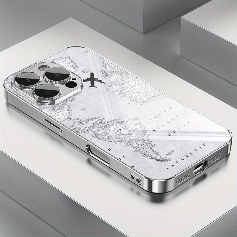 Creative Grey Map Plane Flight Print Pattern Electroplate TPU Case For iPhone 17 16 15 14 13 12 11 Pro Max Plus 16E 17 Air Cover