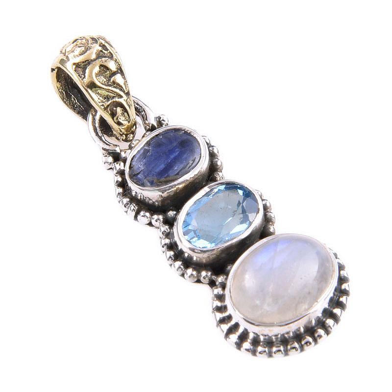Natural Rainbow Moonstone,Blue Topaz 925 Solid Sterling Silver Pendant 1.2" k7L78