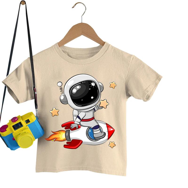 Astronaut On The Rocket Print T Shirts Kids Short Sleeve Tshirt Cartoon Astronaut Boys Girls T-shirt Summer Tee Shirt Tops