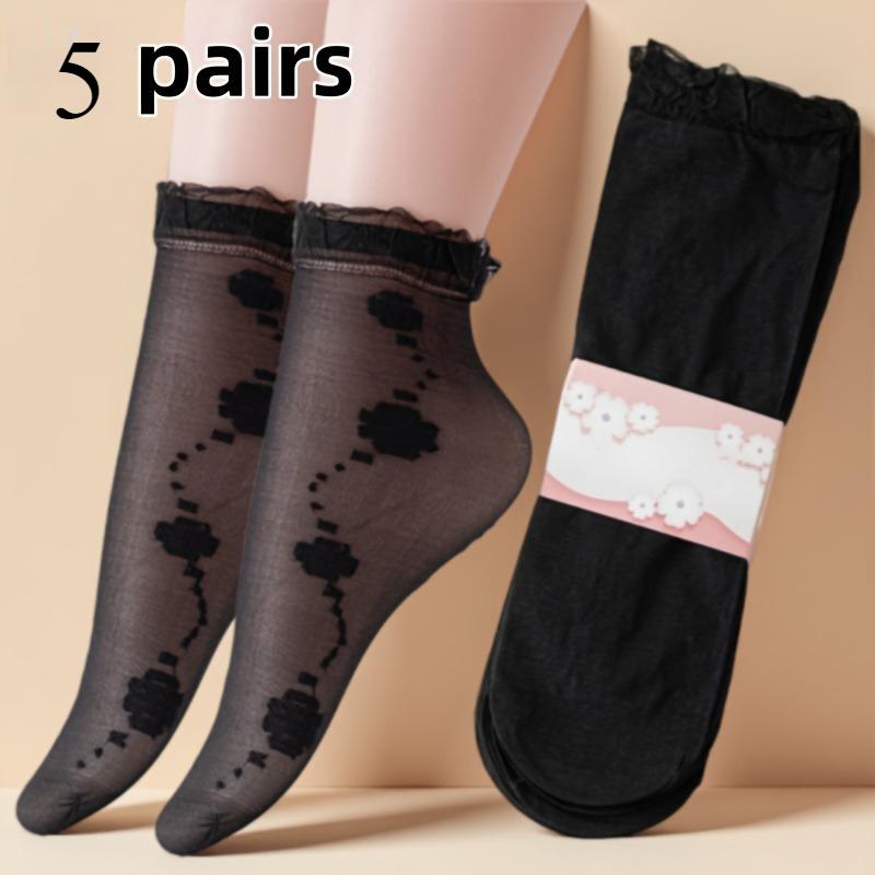 

5 Pairs Elegant Floral Jacquard Lace Mesh Socks - Sweet JK Style Bow Ruffle Thin Hosiery for Women 5 pairs(10pieces) чёрный
