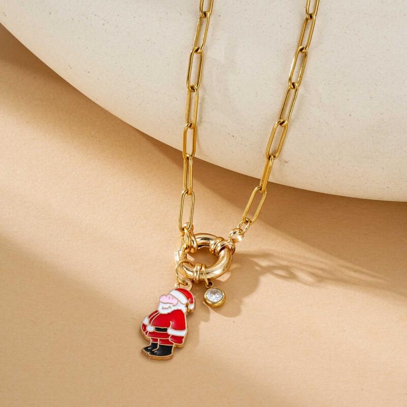 Christmas Stainless Steel Necklace Set - Santa Reindeer Snowman Pendants Lobster Clasp Adjustable Festive Jewelry Gift