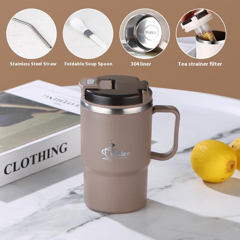 Coffee Cup Stainless Steel with Spoon High Appearance Level Insulated Cup Large Capacity with Straw, Mug Water Cup Tea Cup 500ml