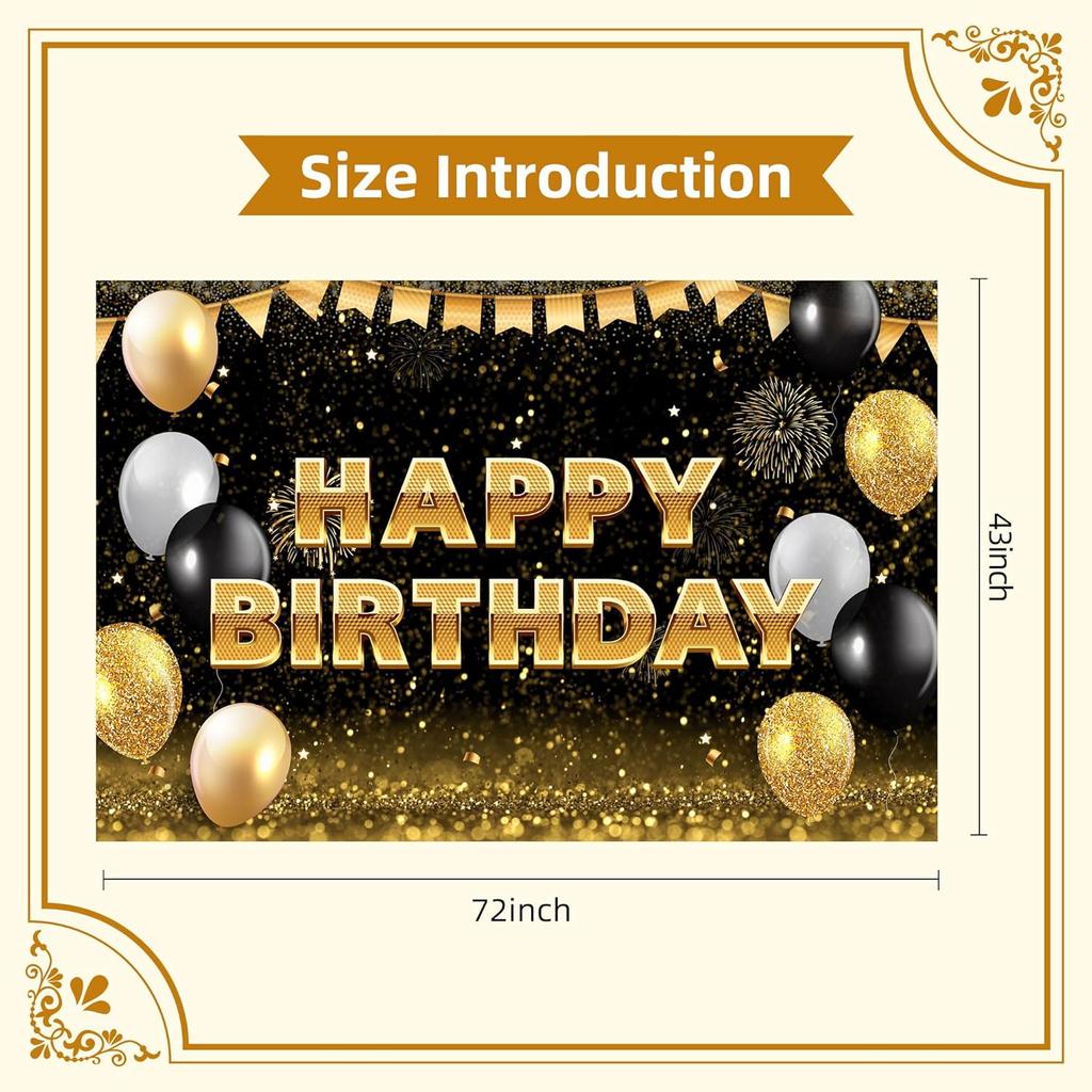 Black Gold Happy Birthday Backdrop Banner Glitter Black Gold Theme Photography Photo Prop Background Decor for Men Women Boys Girls Celebration