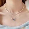 S9Sterling Silver Aquamarine and Freshwater Pearl Necklace, a Unique and Elegant Clavicle Chain with a Refined Design