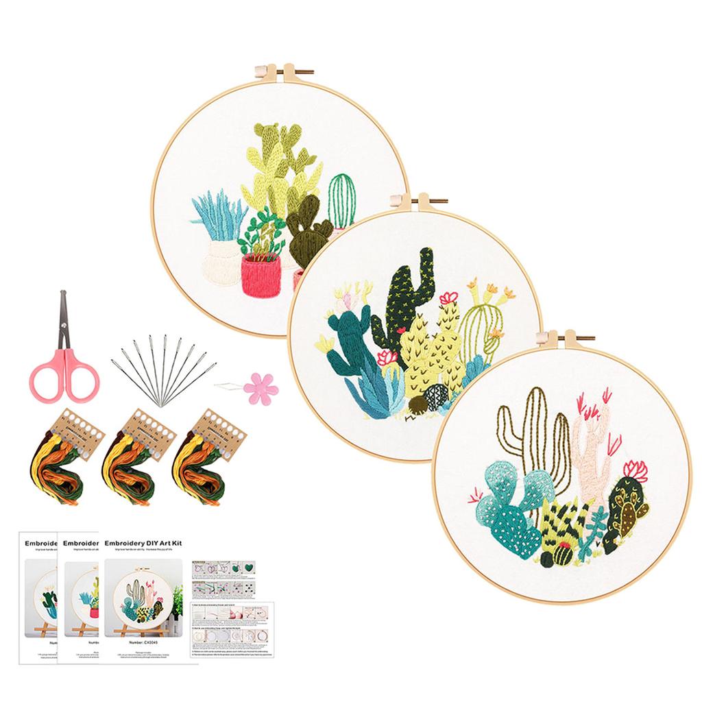 3Sets Leaf and Flower Embroidery Set with Instruction Embroidery Clothes with Pattern Stitching Hoop Thread and Needle