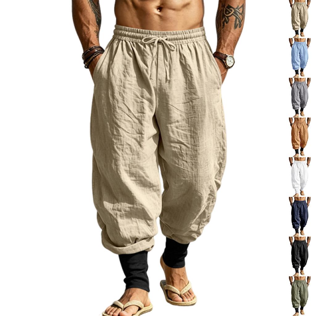 Men Linen Jogger Pants Loose Fit Drawstring Waist Breathable Tapered Leg Cuffed Hem Casual Beach Holiday Trousers